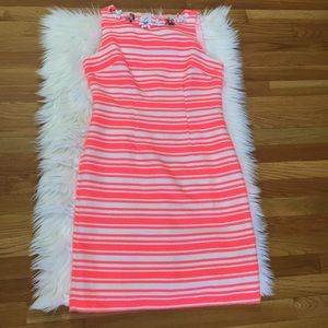 Leslie Fey Beaded Neckline Stripe Dress